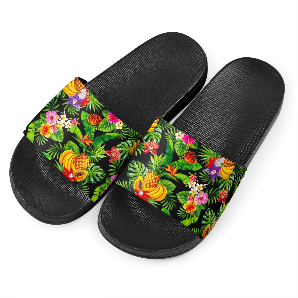 Tropical Hawaiian Fruits Pattern Print Black Slide Sandals