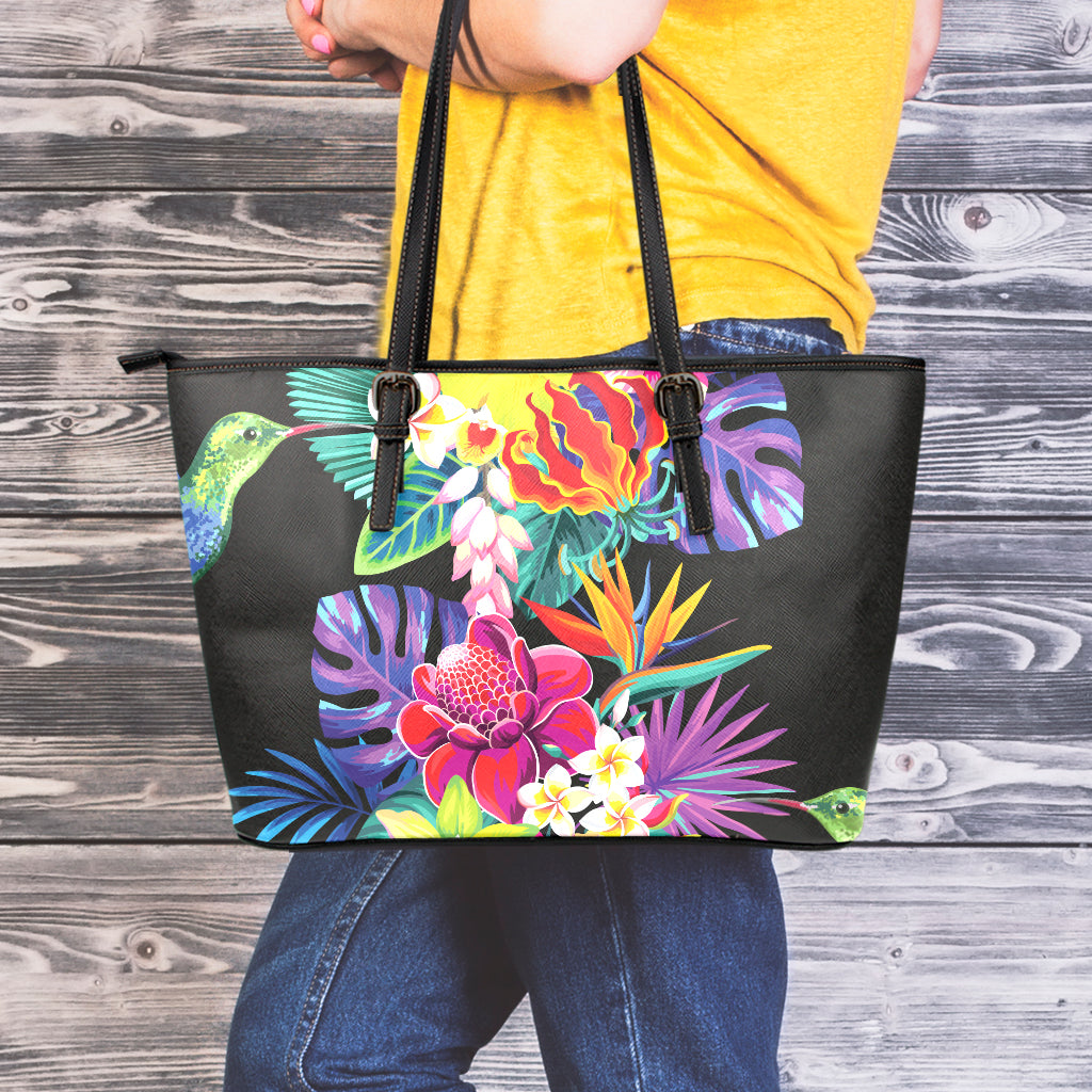 Tropical Hummingbird Print Leather Tote Bag