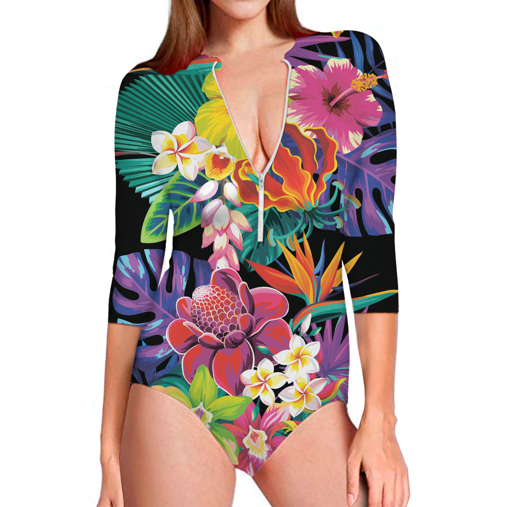 Tropical Hummingbird Print Long Sleeve One Piece Swimsuit