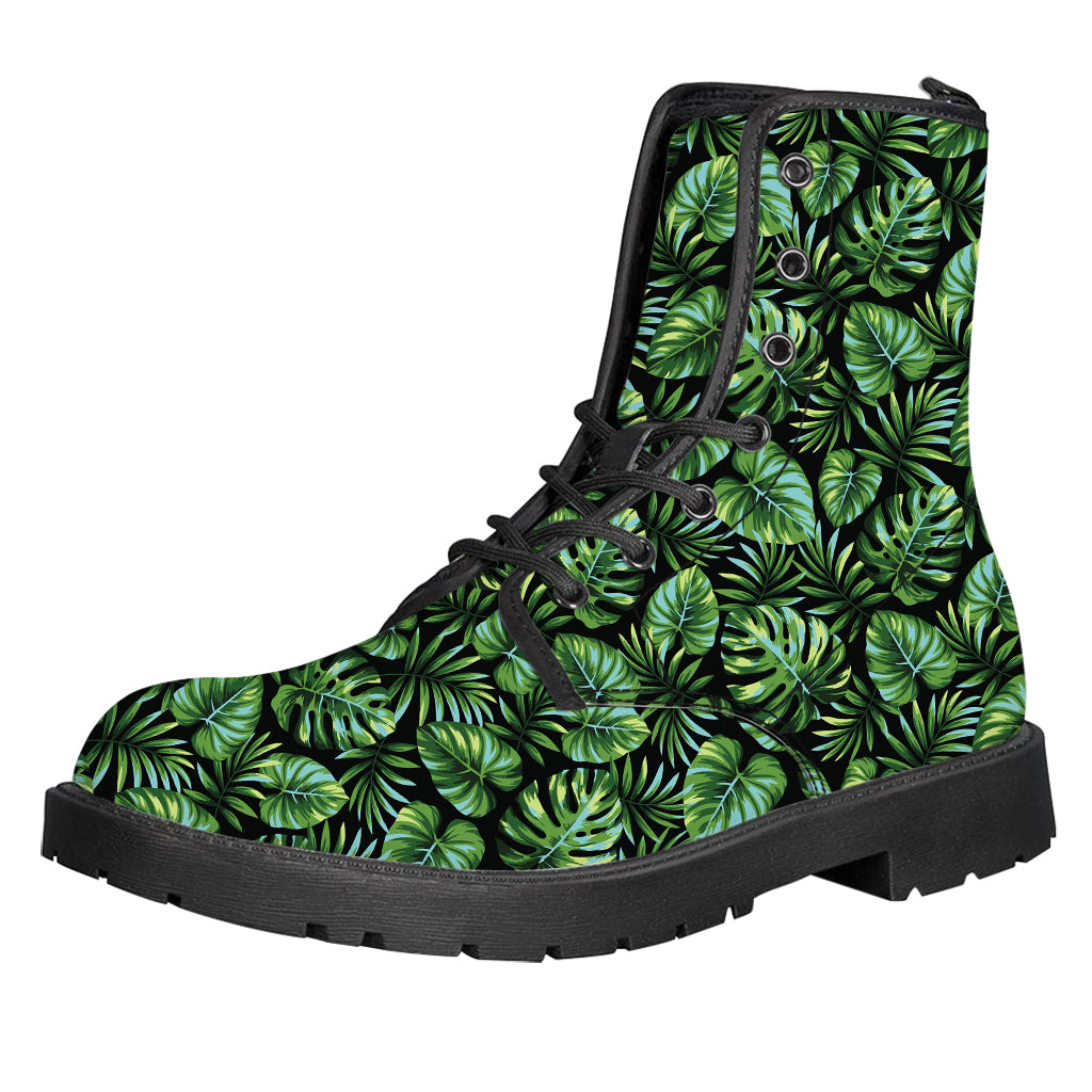 Tropical Monstera Leaves Pattern Print Leather Boots