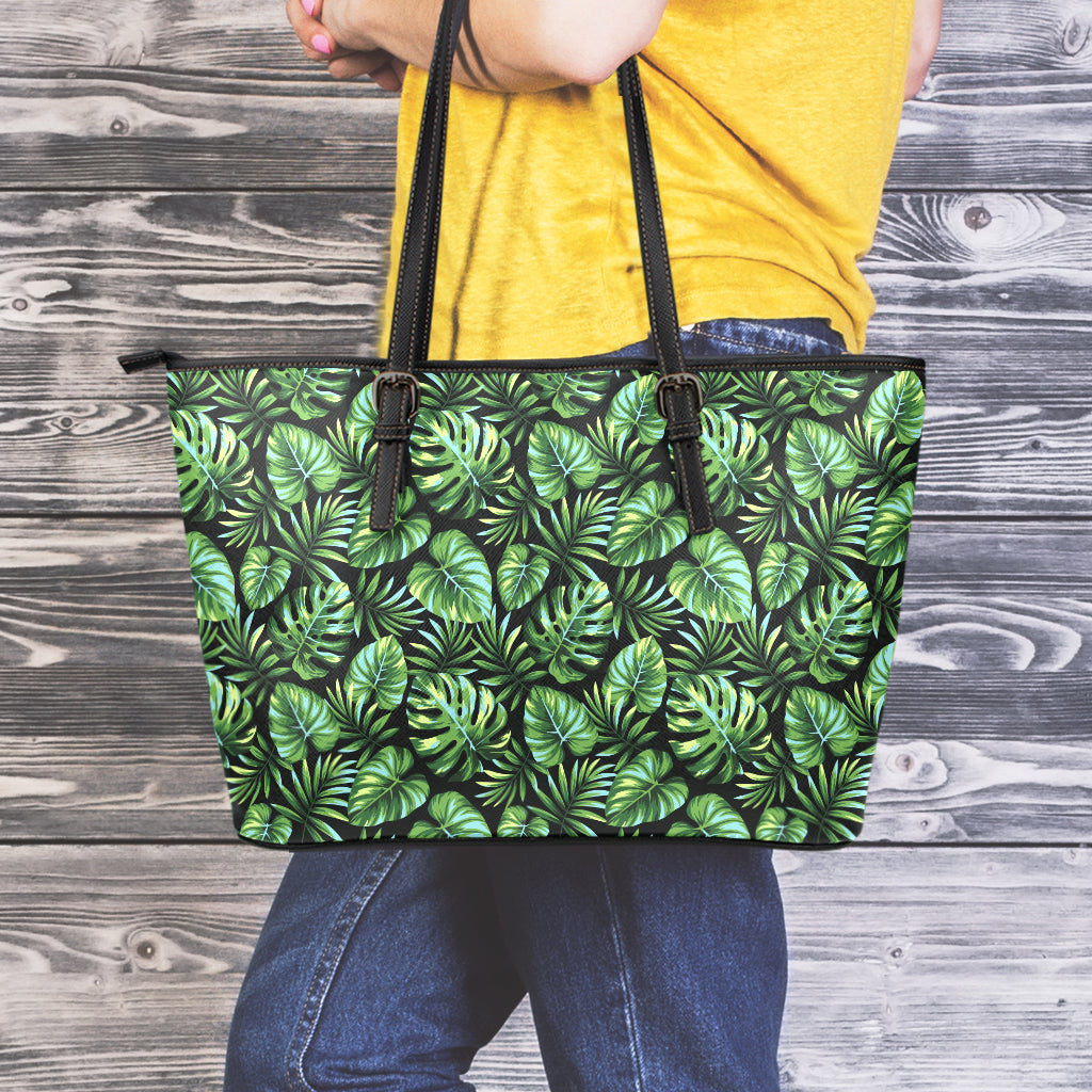 Tropical Monstera Leaves Pattern Print Leather Tote Bag