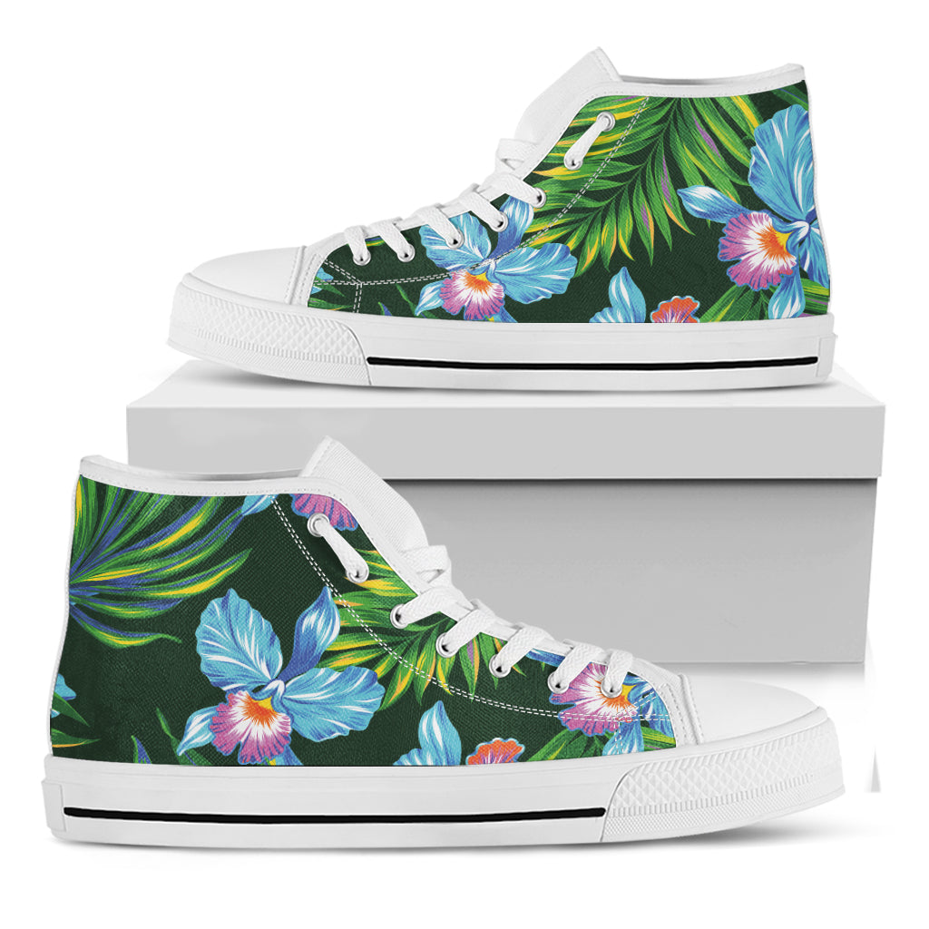 Tropical Orchid Flower Pattern Print White High Top Shoes