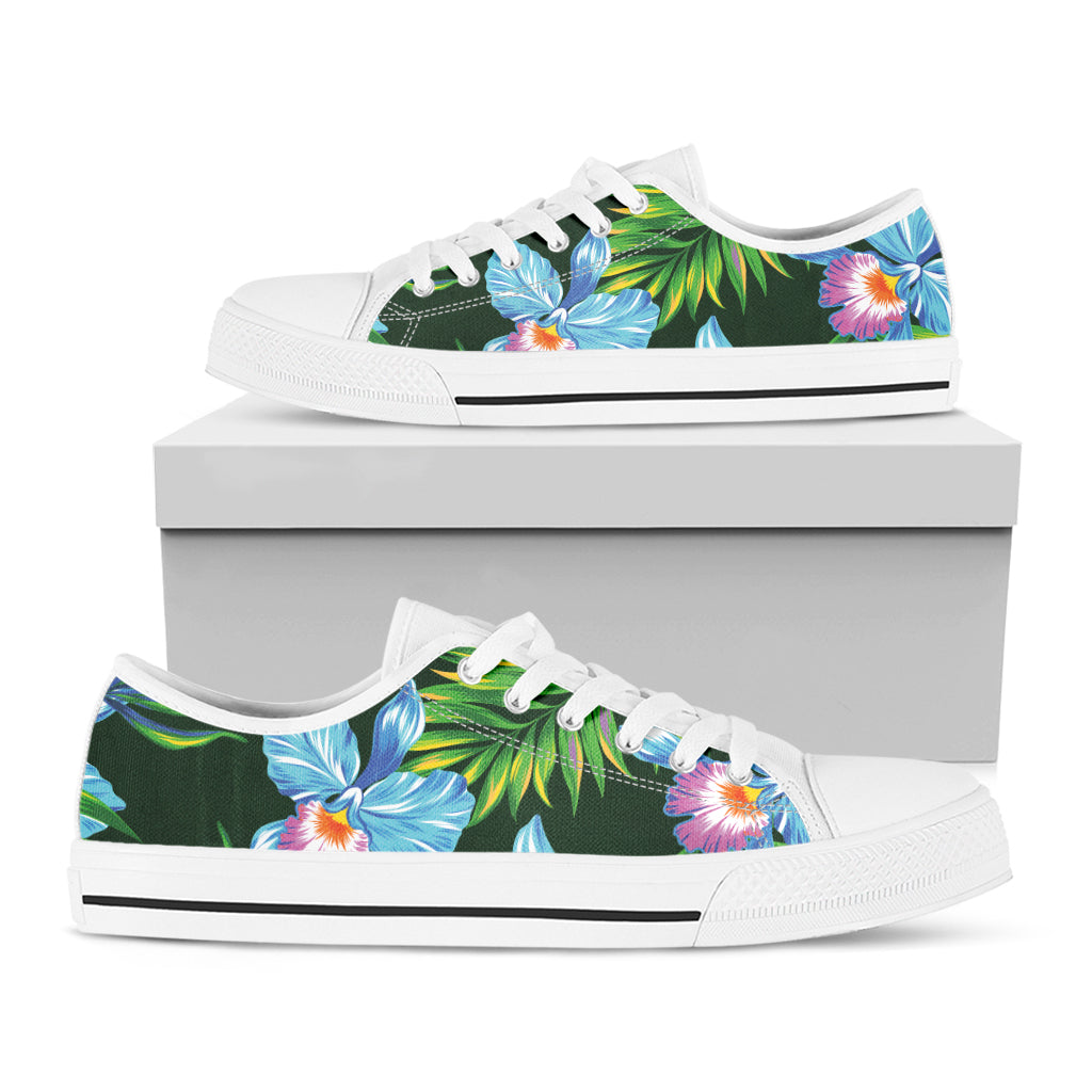 Tropical Orchid Flower Pattern Print White Low Top Shoes