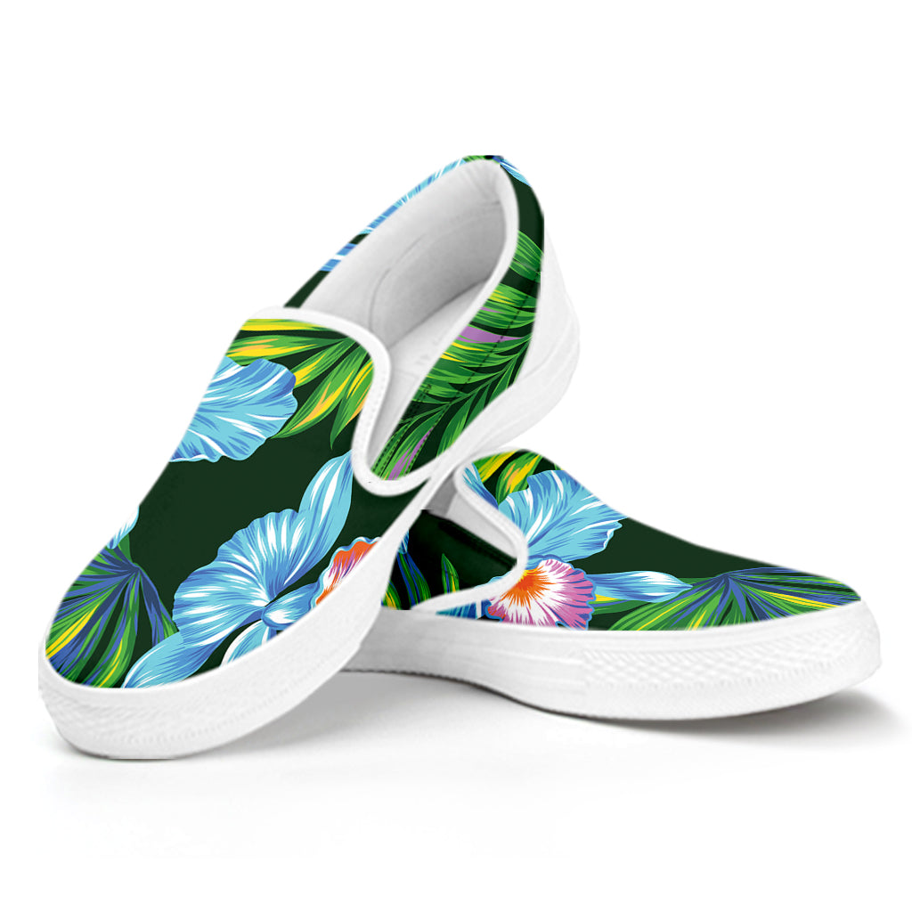 Tropical Orchid Flower Pattern Print White Slip On Shoes