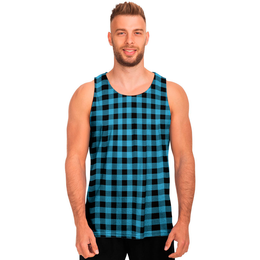 Turquoise And Black Check Pattern Print Men's Tank Top