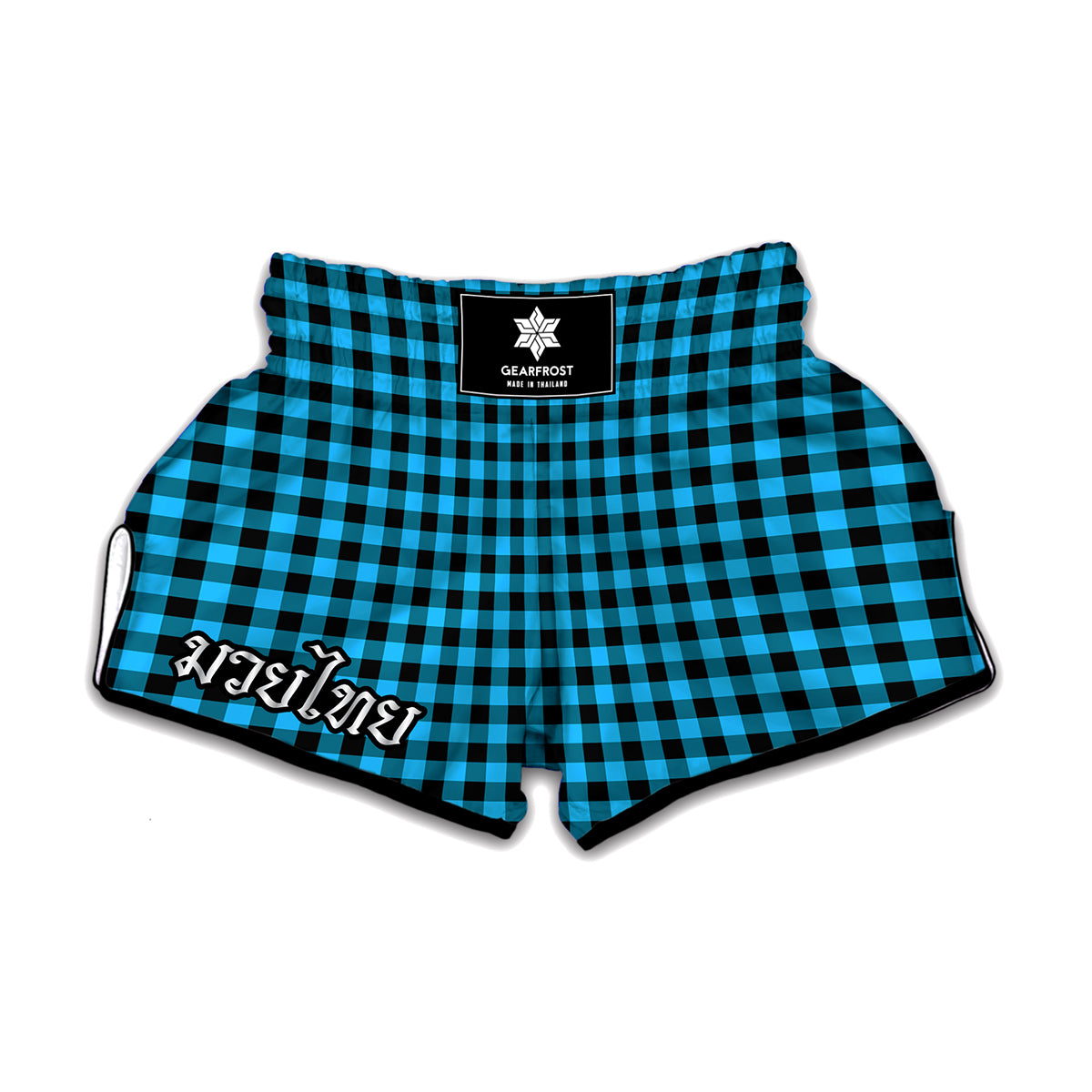 Turquoise And Black Check Pattern Print Muay Thai Boxing Shorts