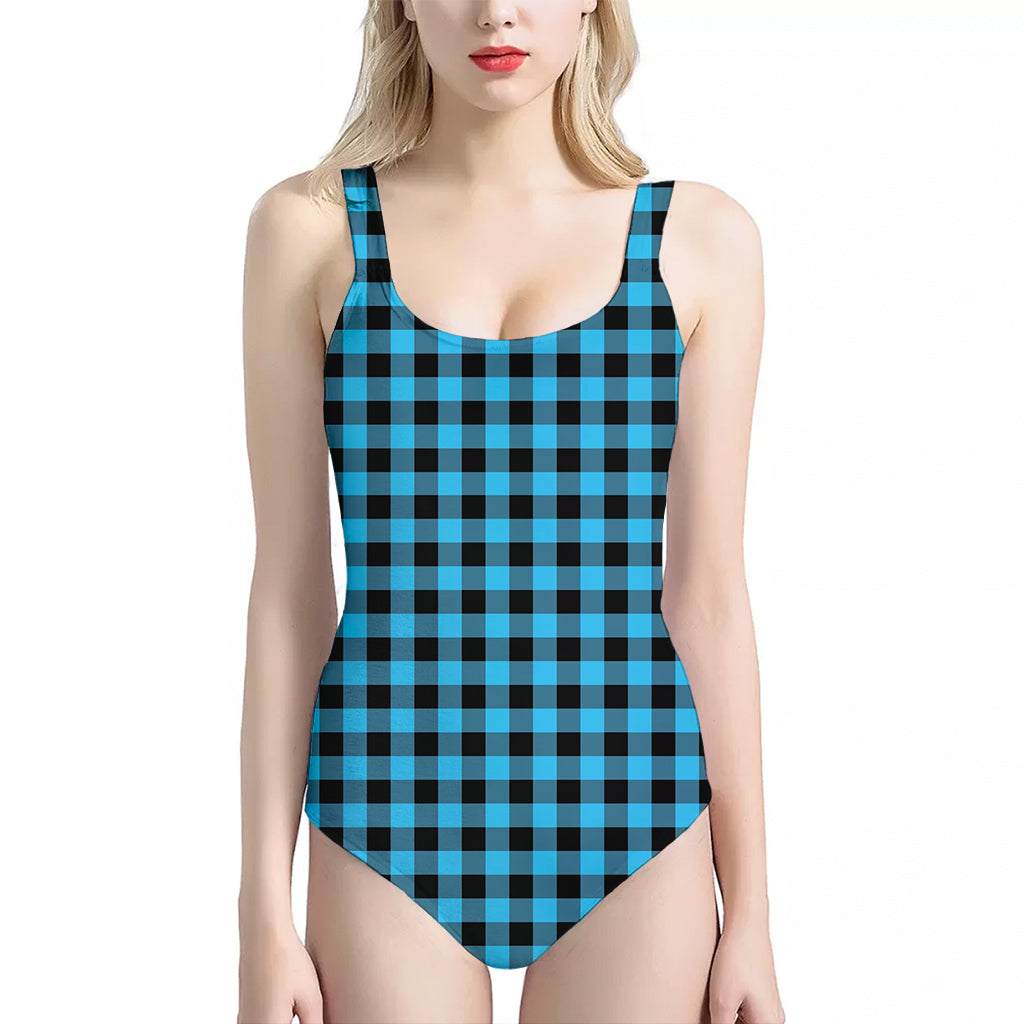 Turquoise And Black Check Pattern Print One Piece Halter Neck Swimsuit