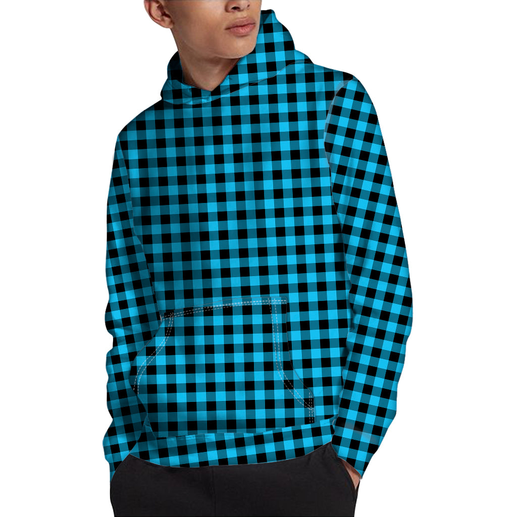 Turquoise And Black Check Pattern Print Pullover Hoodie