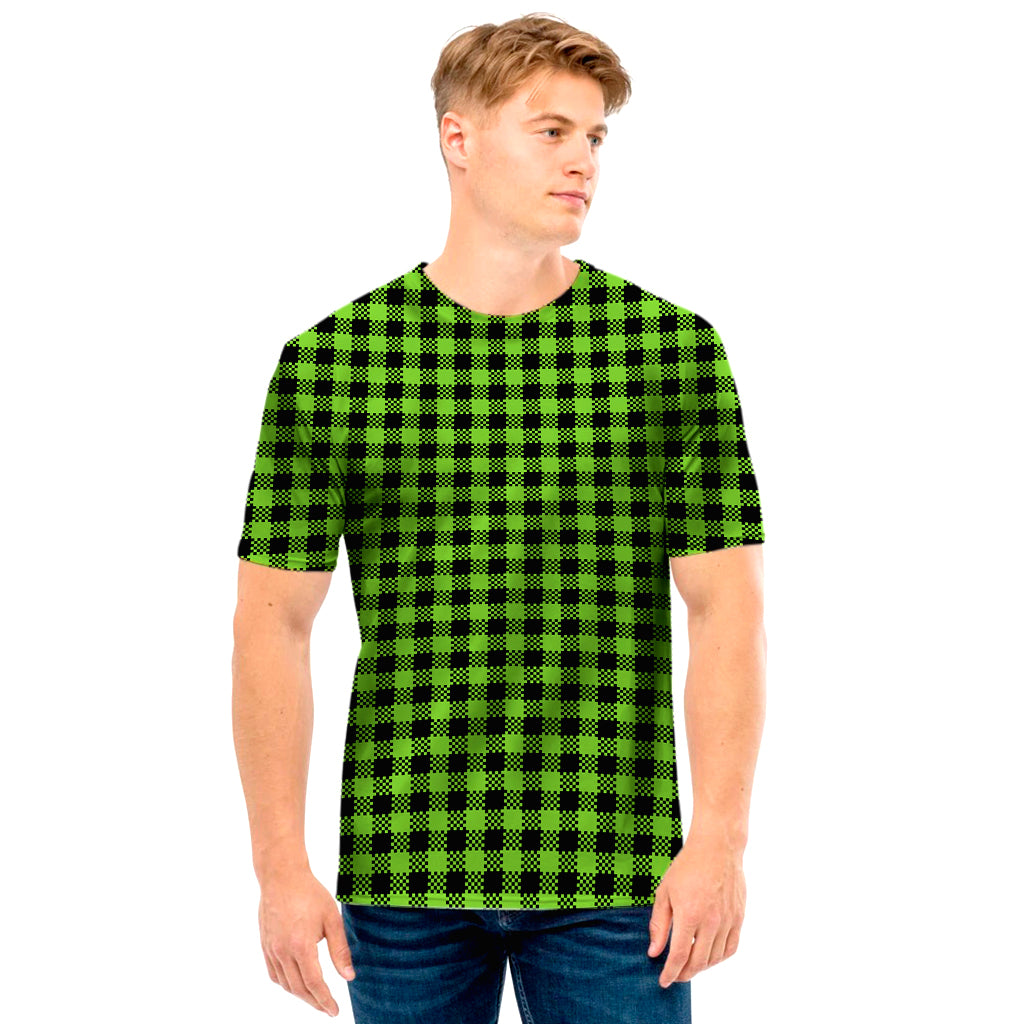 UFO Green Buffalo Plaid Print Men's T-Shirt