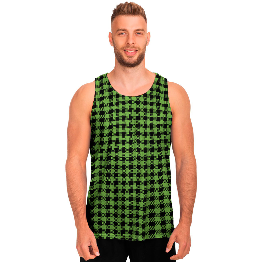 UFO Green Buffalo Plaid Print Men's Tank Top