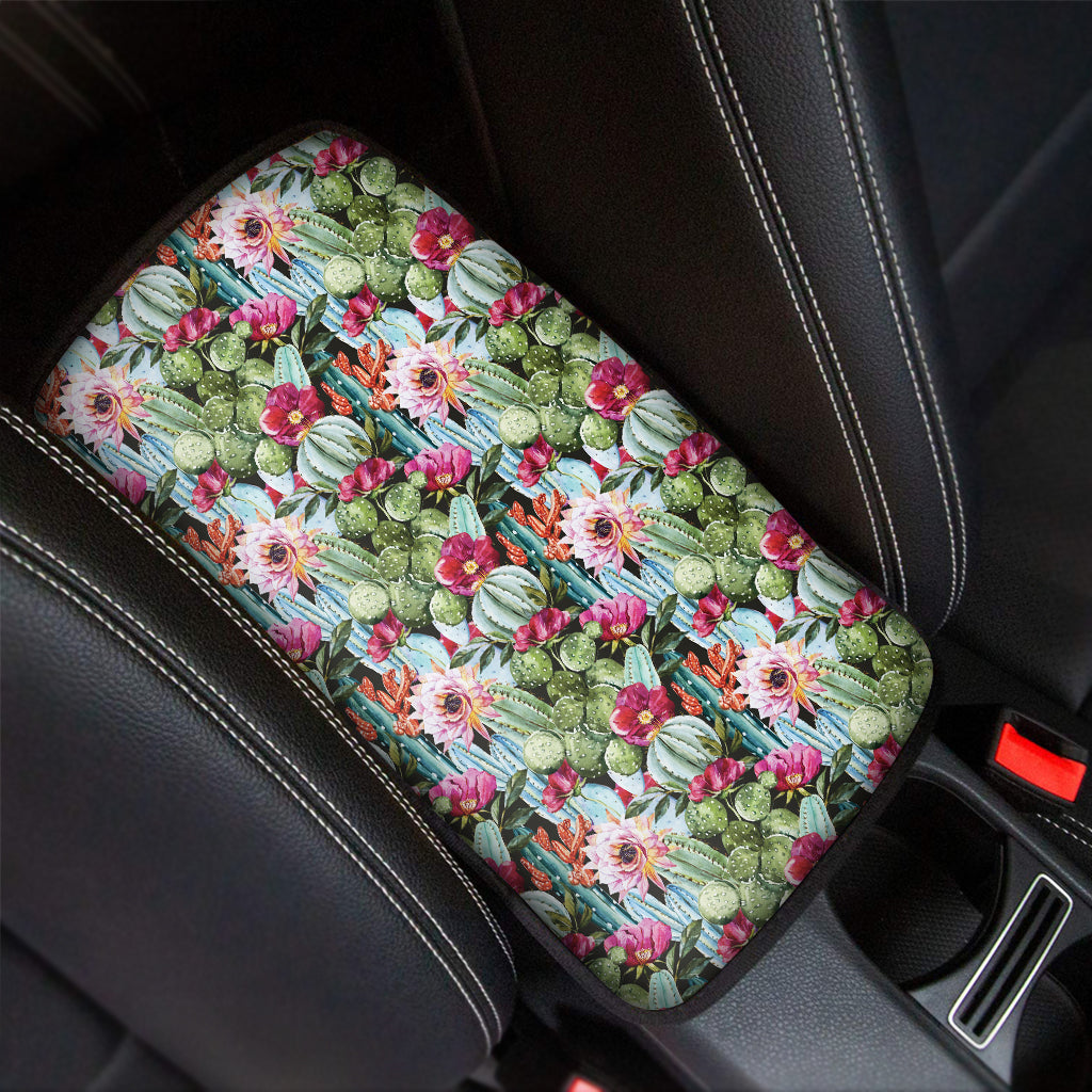 Vintage Cactus And Flower Print Car Center Console Cover