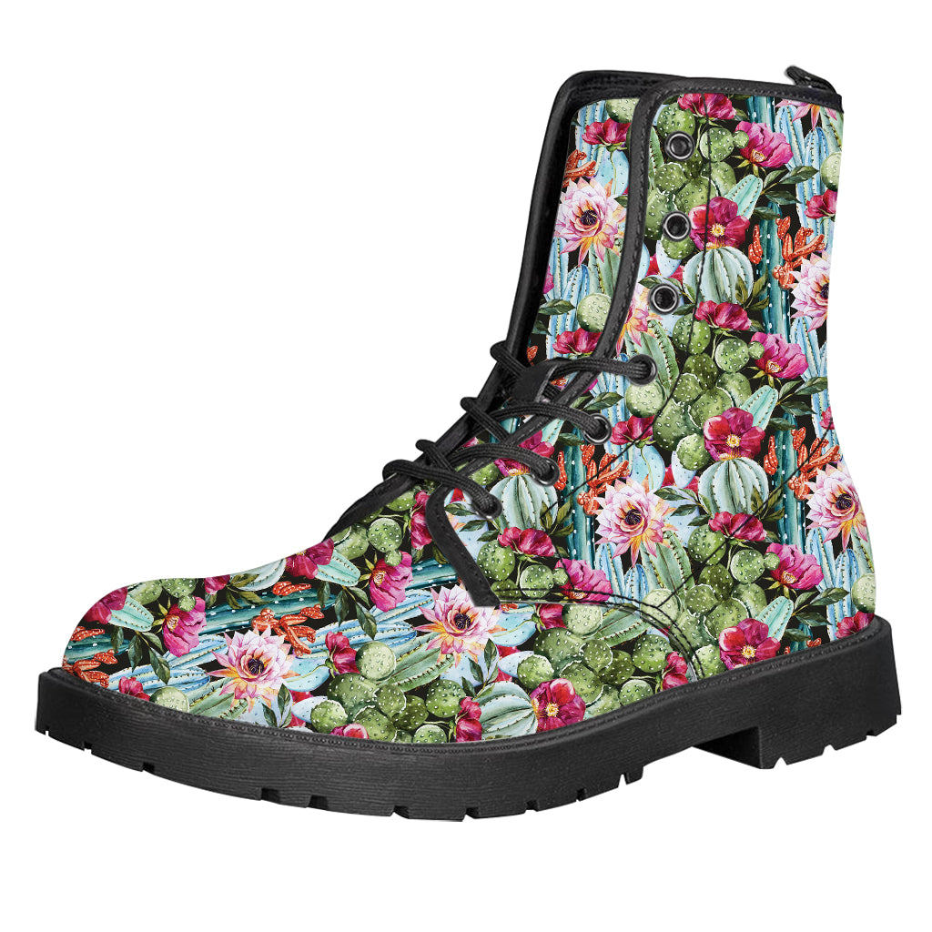 Vintage Cactus And Flower Print Leather Boots