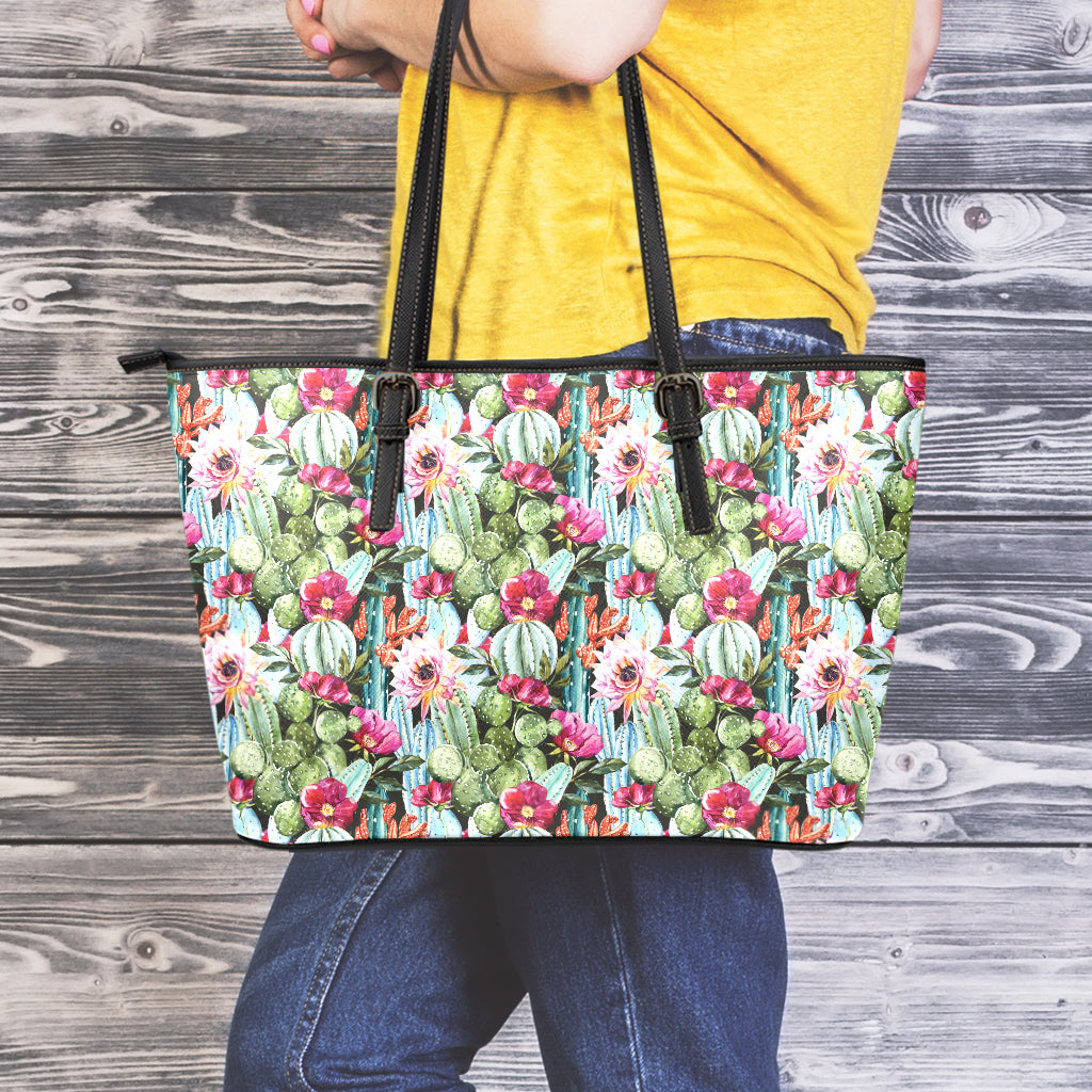 Vintage Cactus And Flower Print Leather Tote Bag