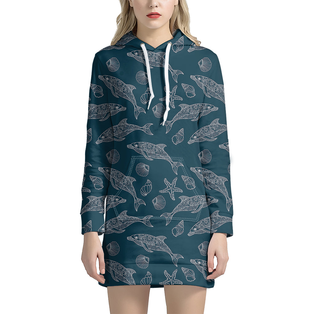 Vintage Dolphins Pattern Print Women's Pullover Hoodie Dress