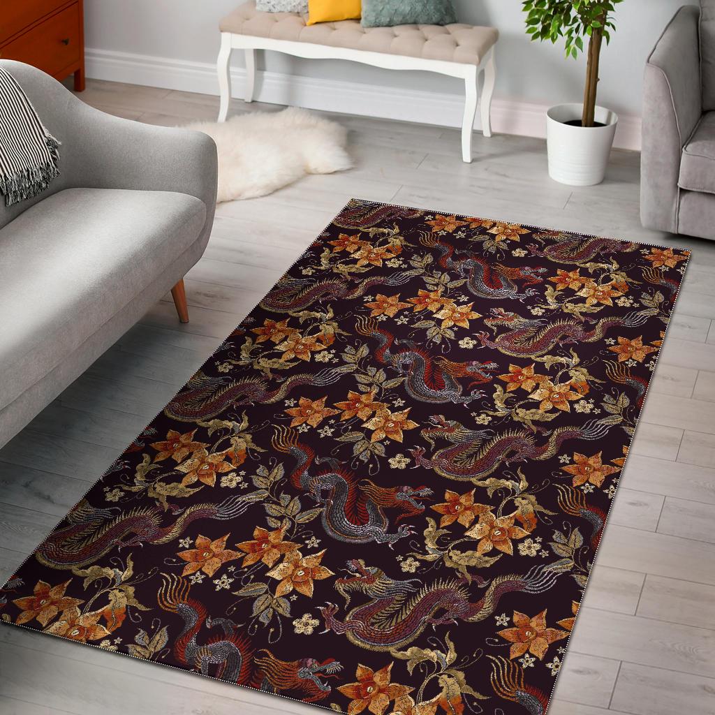 Vintage Dragon Flower Pattern Print Area Rug