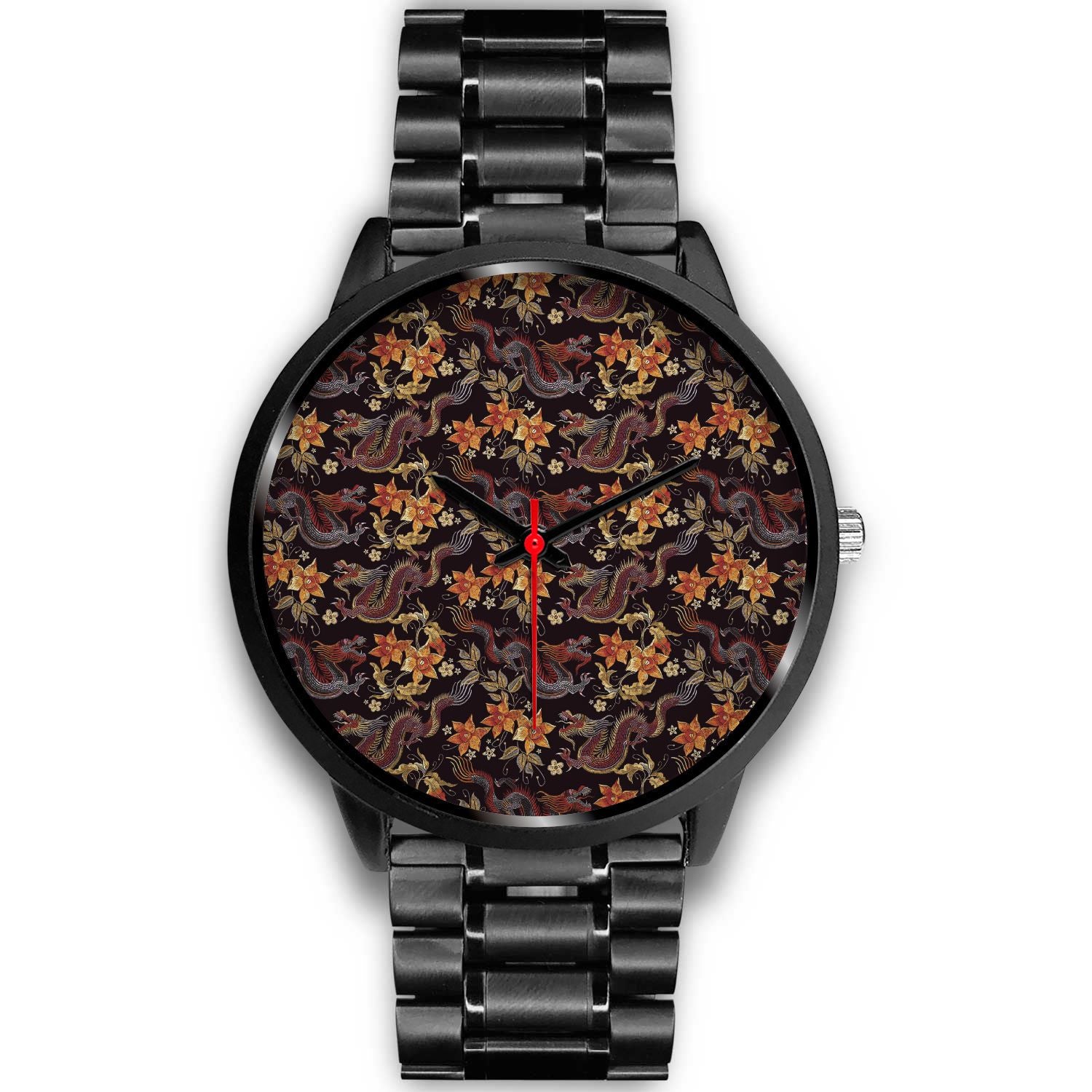 Vintage Dragon Flower Pattern Print Black Watch