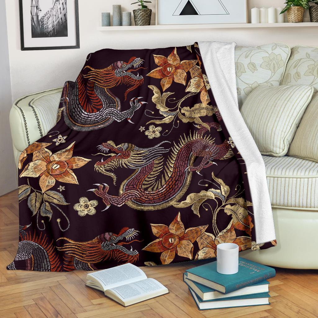 Vintage Dragon Flower Pattern Print Blanket