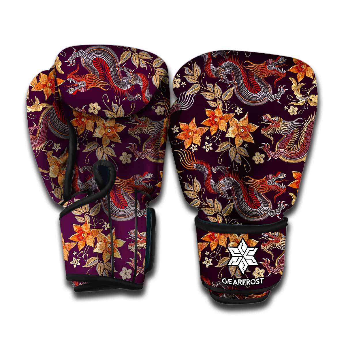 Vintage Dragon Flower Pattern Print Boxing Gloves