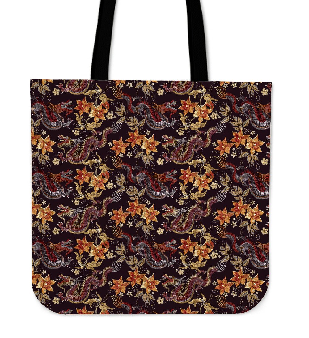 Vintage Dragon Flower Pattern Print Canvas Tote Bag