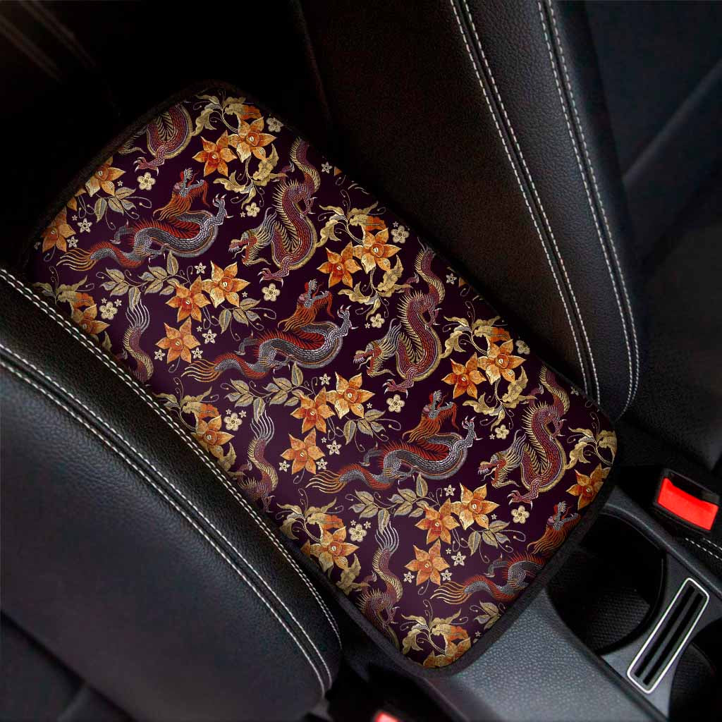 Vintage Dragon Flower Pattern Print Car Center Console Cover