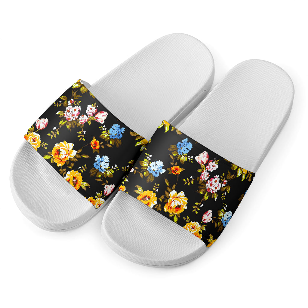 Vintage Floral Flower Pattern Print White Slide Sandals