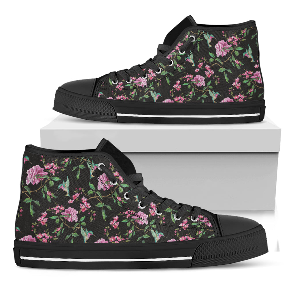 Vintage Floral Hummingbird Print Black High Top Shoes