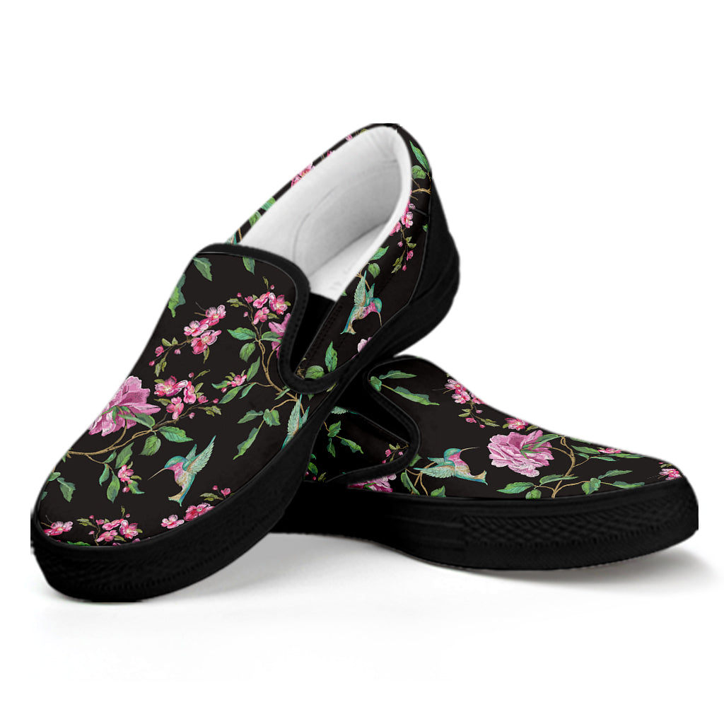 Vintage Floral Hummingbird Print Black Slip On Shoes