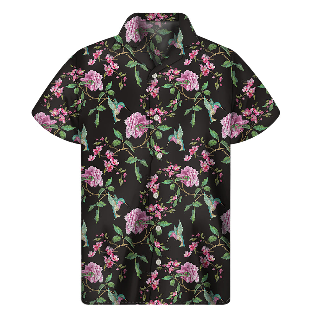 Vintage Floral Hummingbird Print Men's Short Sleeve Shirt