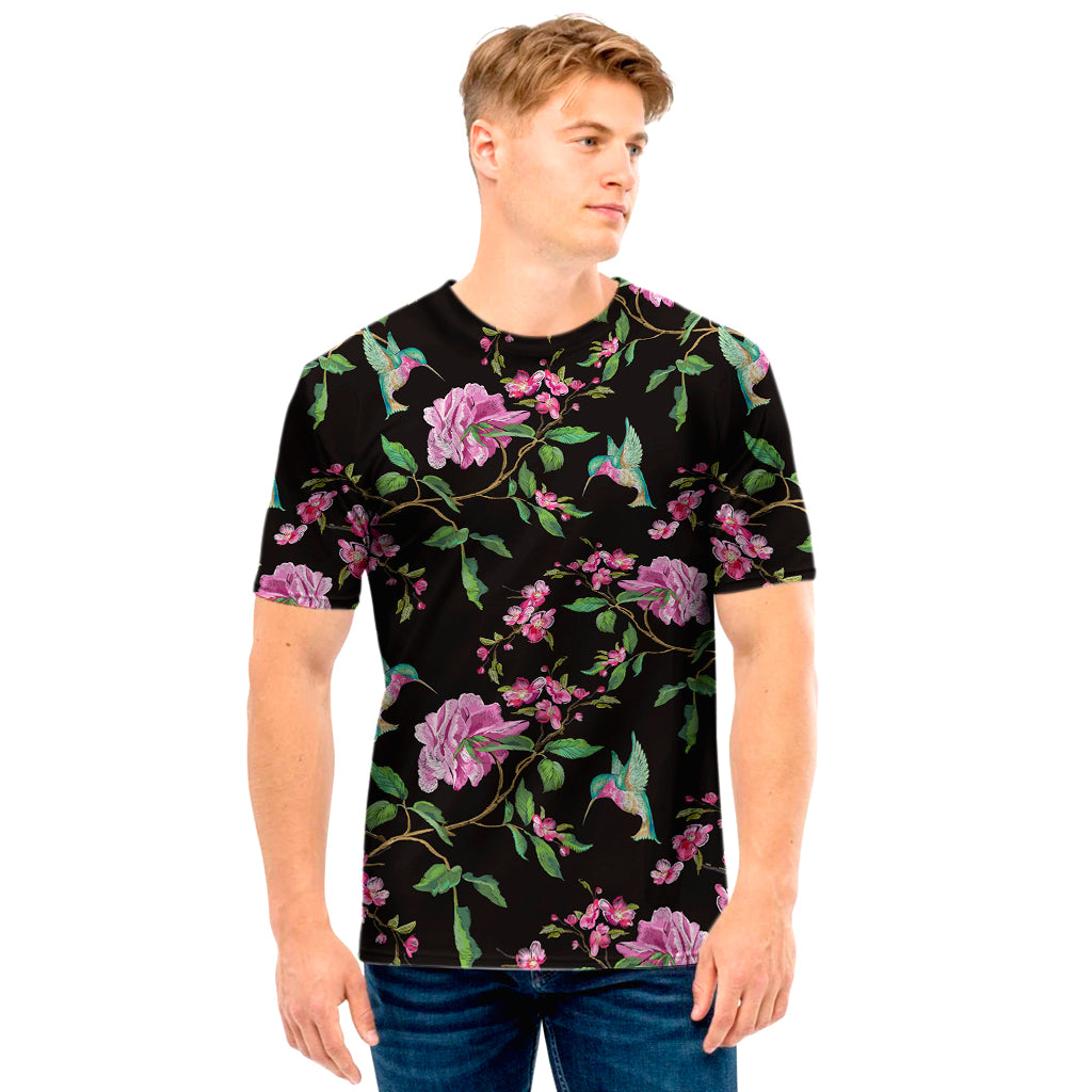 Vintage Floral Hummingbird Print Men's T-Shirt