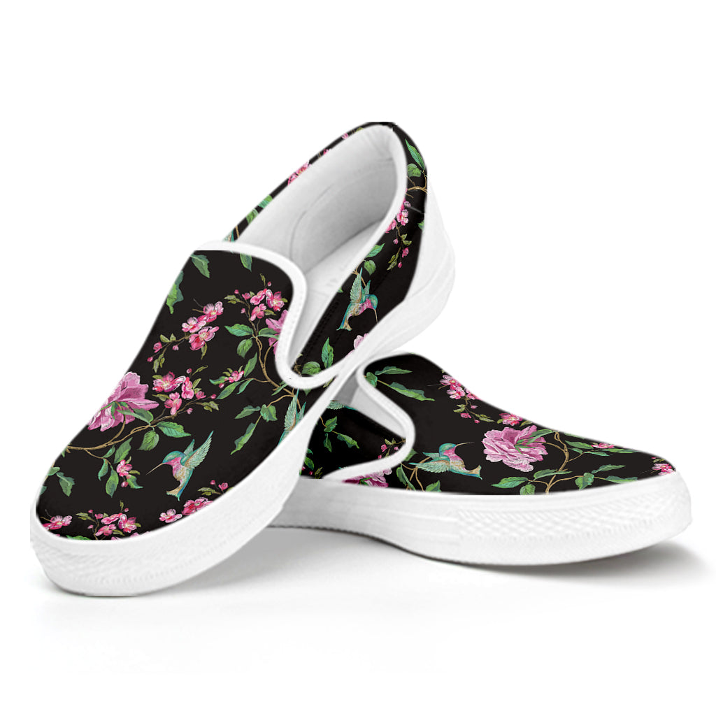 Vintage Floral Hummingbird Print White Slip On Shoes