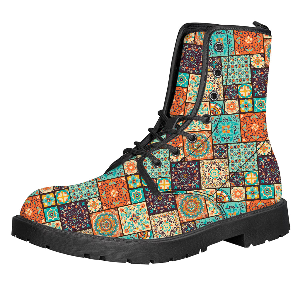 Vintage Floral Patchwork Pattern Print Leather Boots