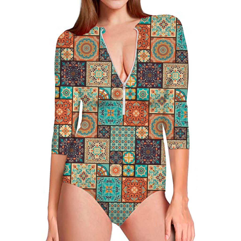 Vintage Floral Patchwork Pattern Print Long Sleeve One Piece Swimsuit