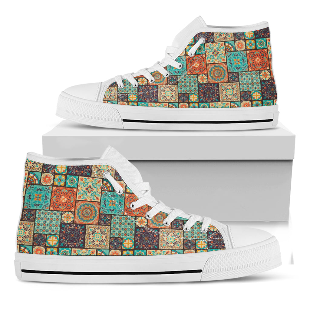 Vintage Floral Patchwork Pattern Print White High Top Shoes