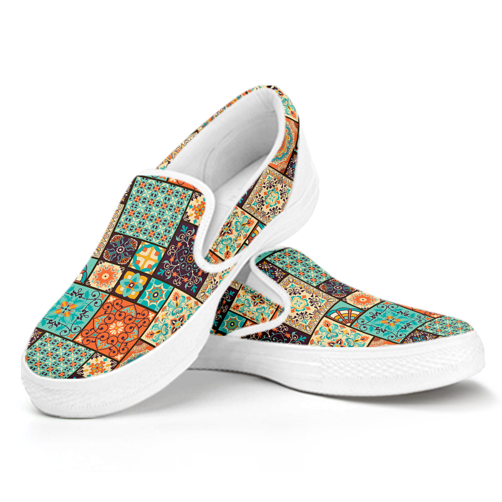 Vintage Floral Patchwork Pattern Print White Slip On Shoes