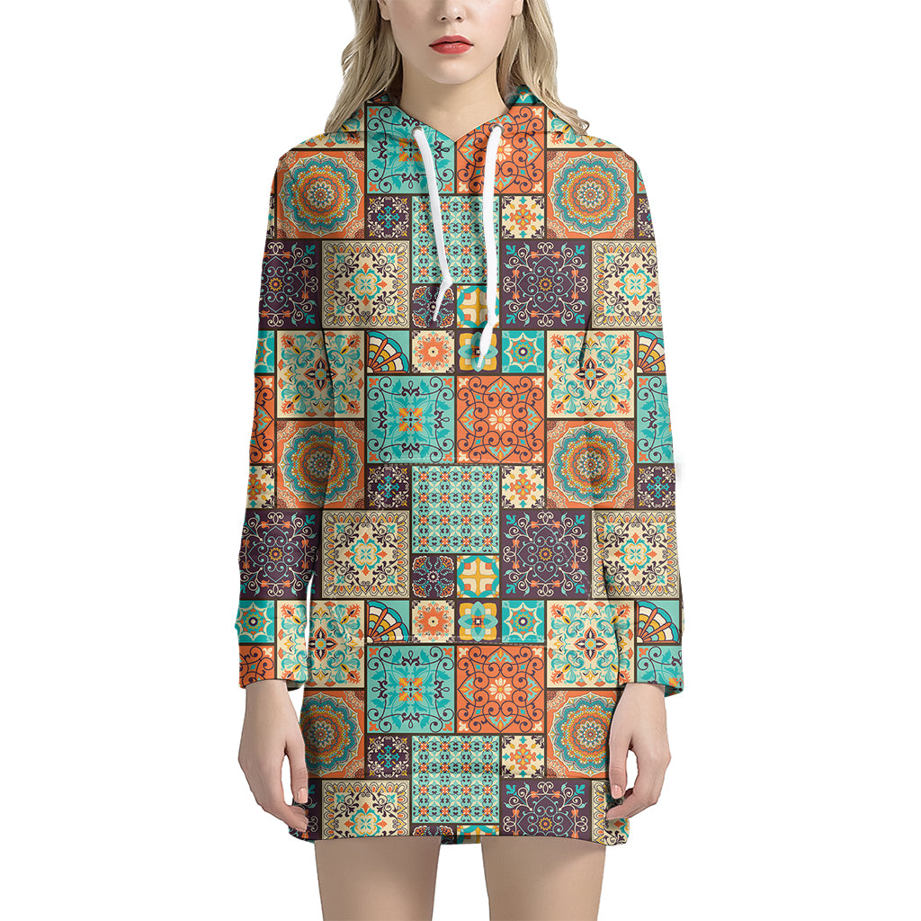 Vintage Floral Patchwork Pattern Print Women's Pullover Hoodie Dress