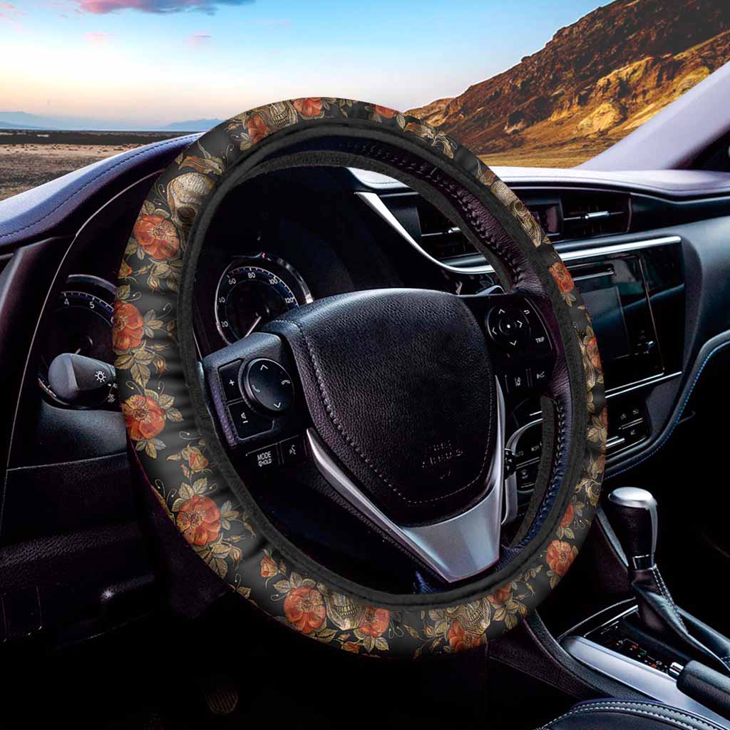 Vintage Floral Skull Pattern Print Car Steering Wheel Cover