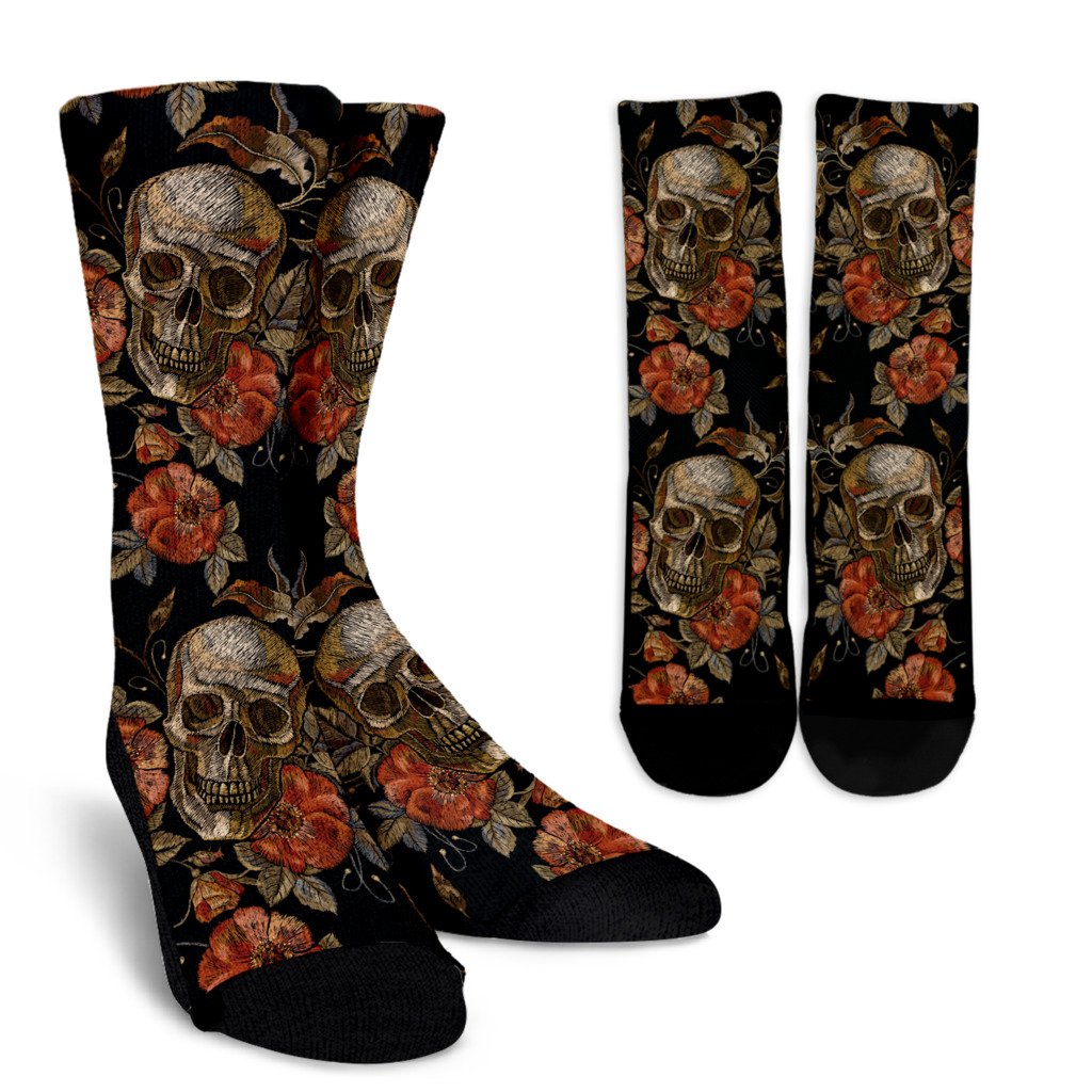 Vintage Floral Skull Pattern Print Crew Socks