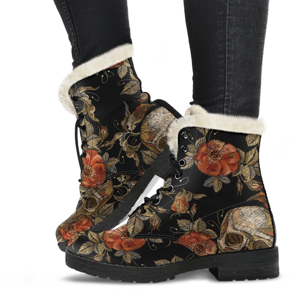 Vintage Floral Skull Pattern Print Faux Fur Leather Boots