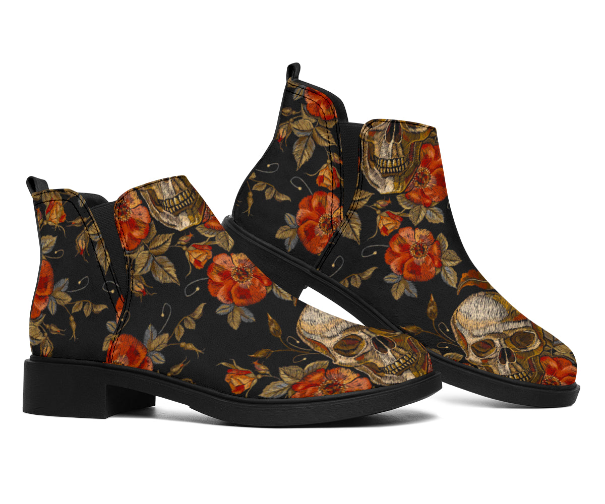 Vintage Floral Skull Pattern Print Flat Ankle Boots