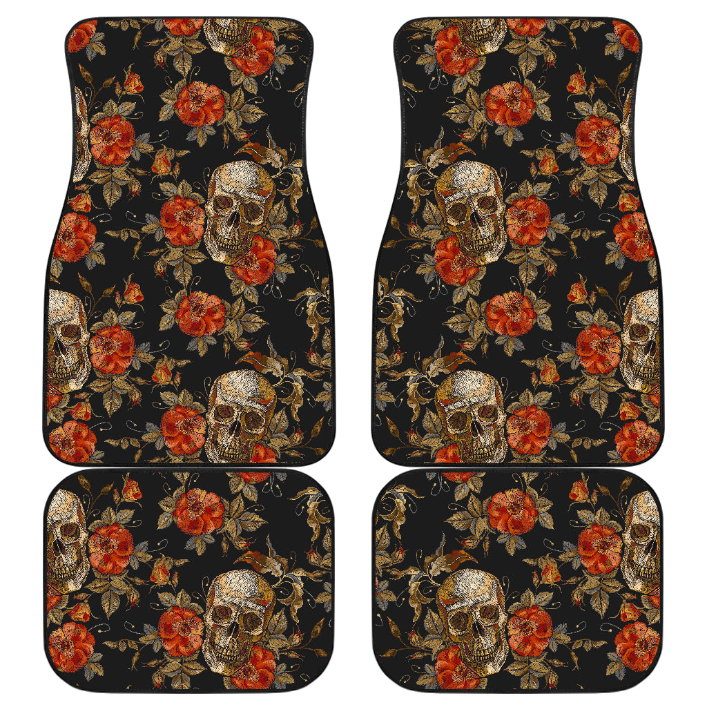 Vintage Floral Skull Pattern Print Front and Back Car Floor Mats