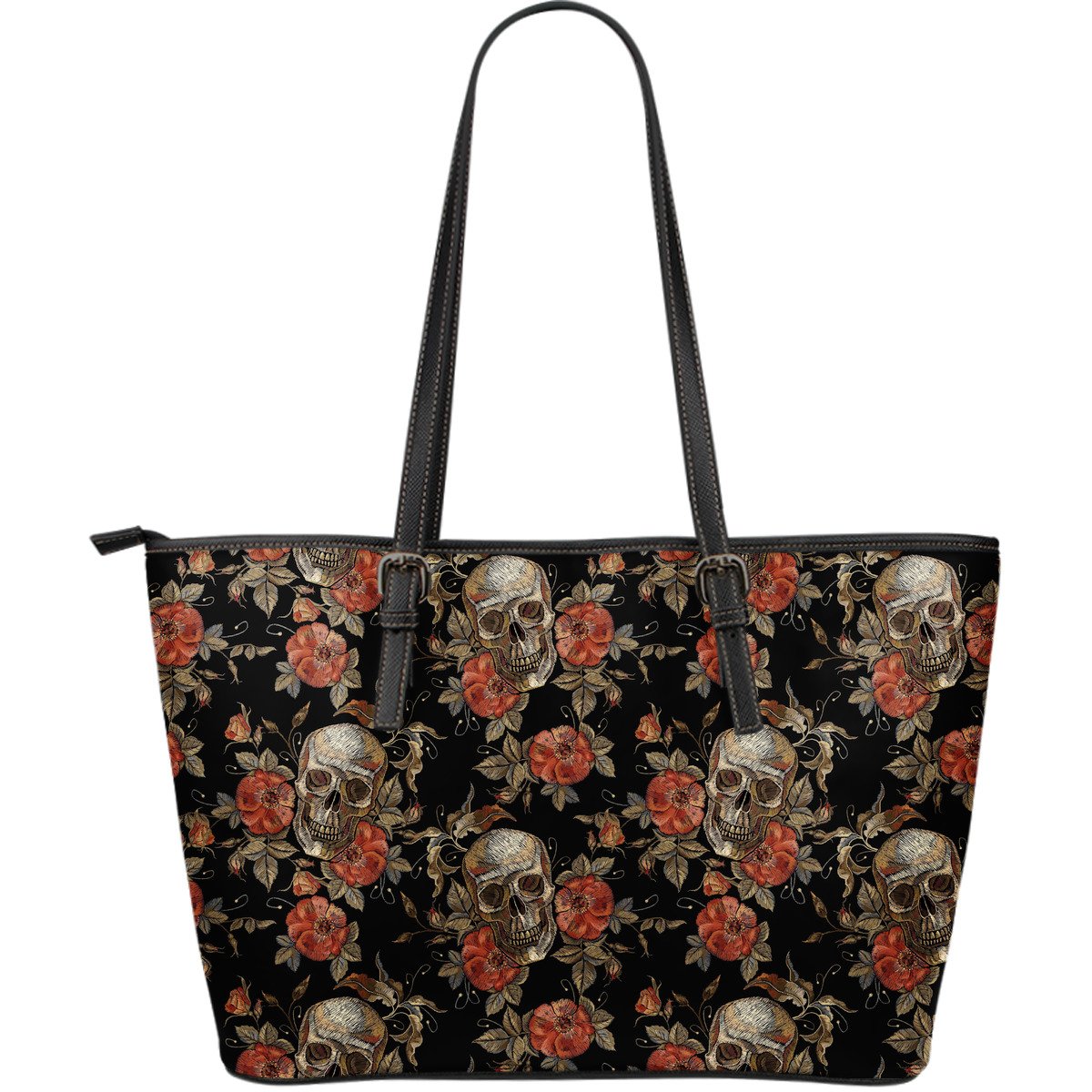 Vintage Floral Skull Pattern Print Leather Tote Bag