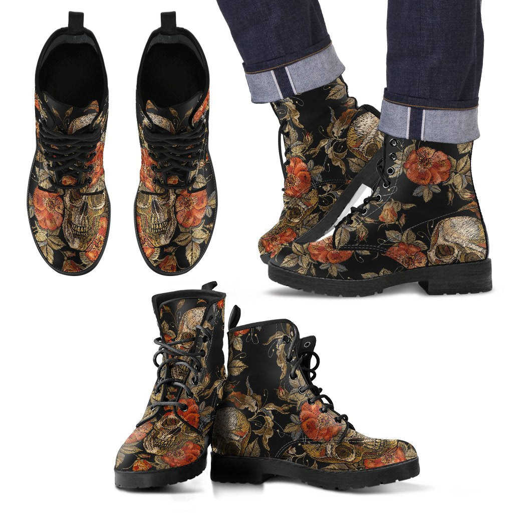 Vintage Floral Skull Pattern Print Men's Boots