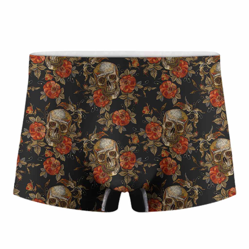 Vintage Floral Skull Pattern Print Men's Boxer Briefs