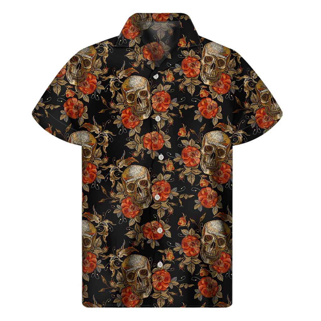 Vintage Floral Skull Pattern Print Men's Short Sleeve Shirt