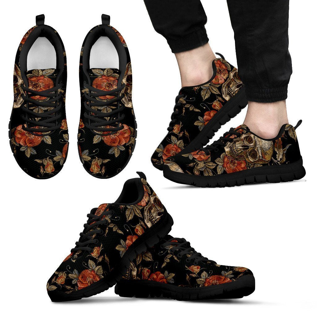 Vintage Floral Skull Pattern Print Men's Sneakers