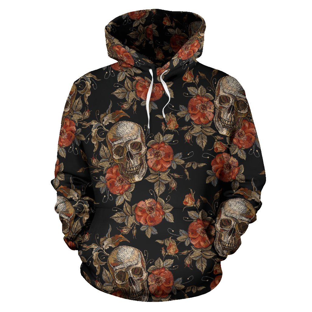 Vintage Floral Skull Pattern Print Pullover Hoodie