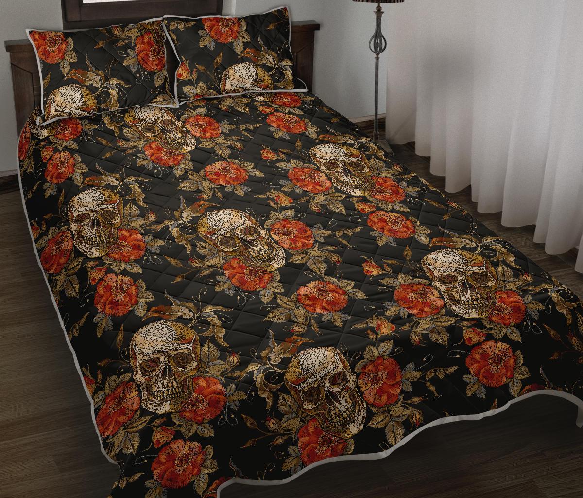 Vintage Floral Skull Pattern Print Quilt Bed Set