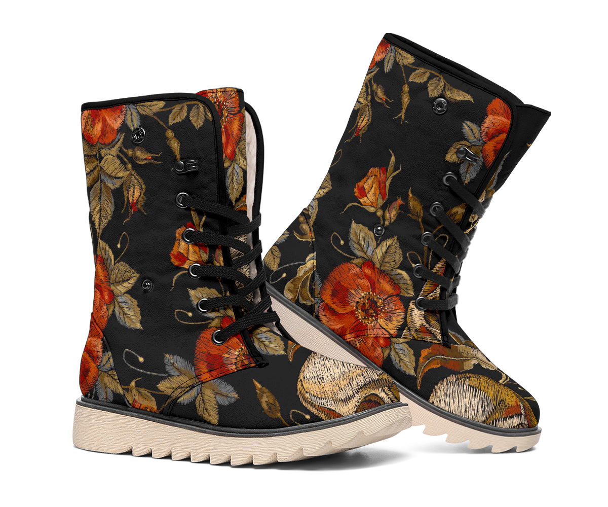 Vintage Floral Skull Pattern Print Winter Boots