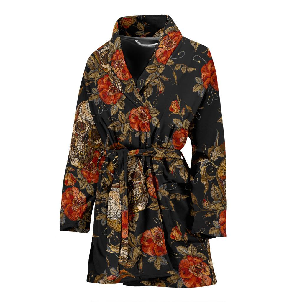 Vintage Floral Skull Pattern Print Women's Bathrobe