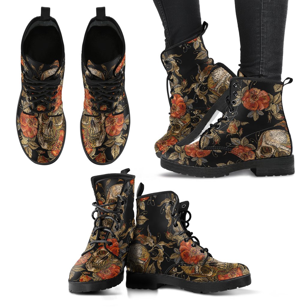 Vintage Floral Skull Pattern Print Women's Boots